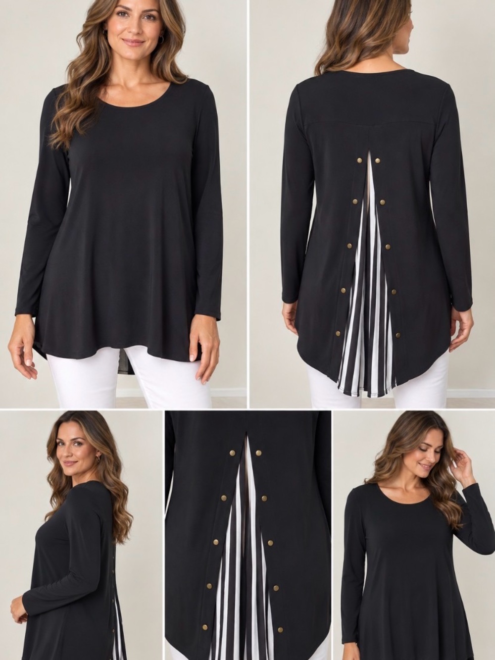 Joseph Ribkoff Black Striped Back High Low Tunic Gold Studs Size 8